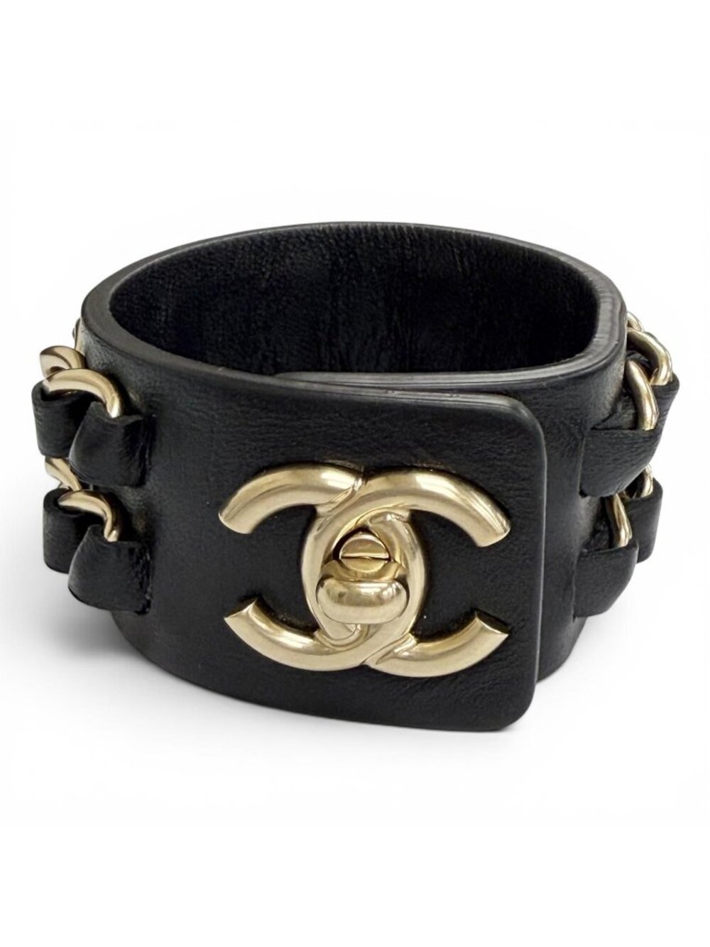 Chanel 18k CC Logo Turnlock Chain Leather Bracelet Black Gold